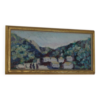 Original Swedish Mid- century Oil on Panel "Village" by Bertil Wahlberg