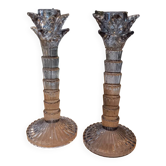 Pair of candlesticks. Blue/grey glass.
