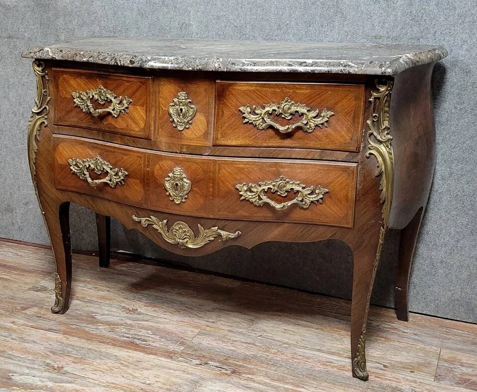 Louis XV style curved chest of drawers in marquetry circa 1880