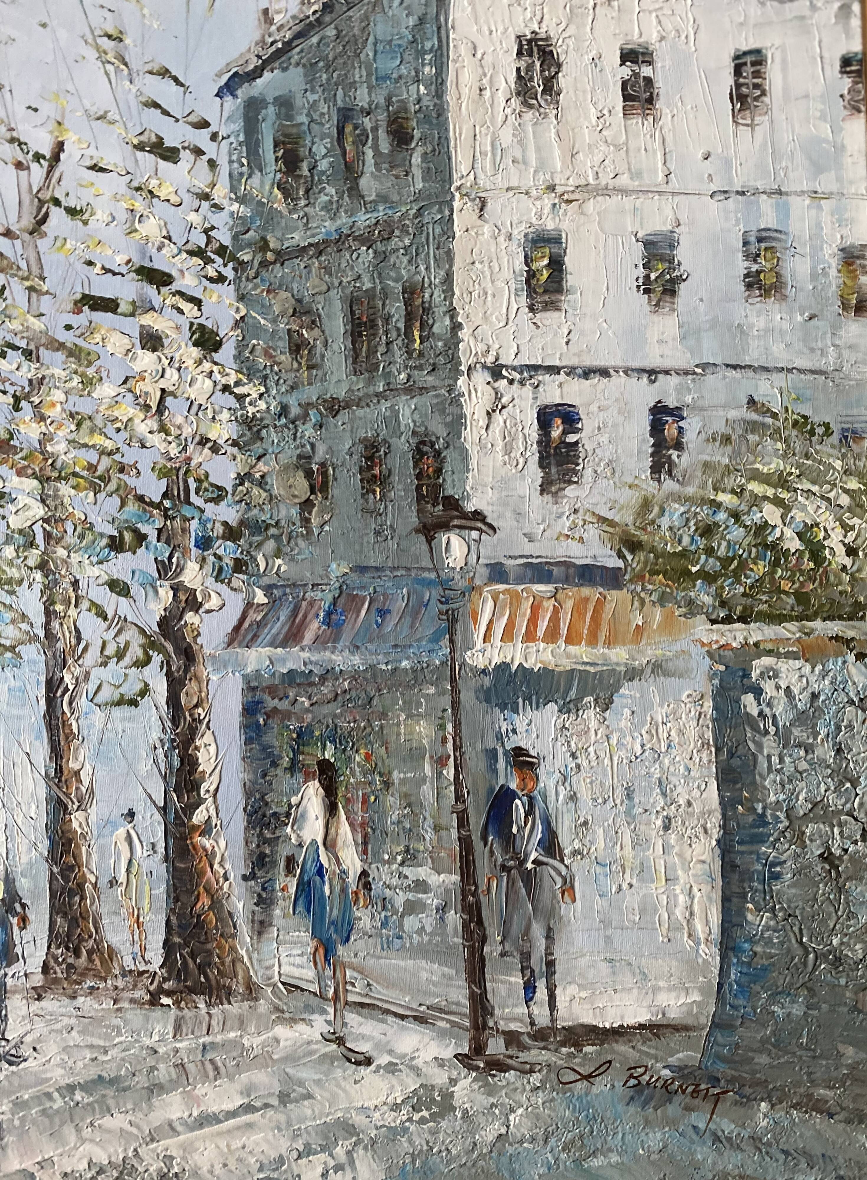 Painting by louis burnett, animated scene in montmartre, paris vintage 1950