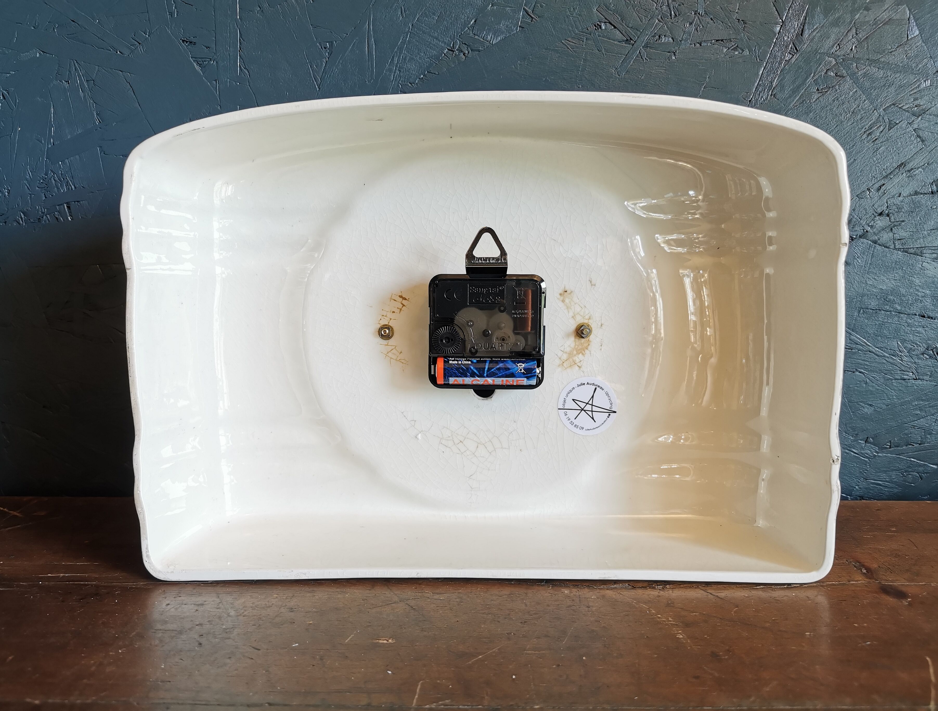 Vintage ceramic clock silent rectangular wall clock "Manufrance golden white"