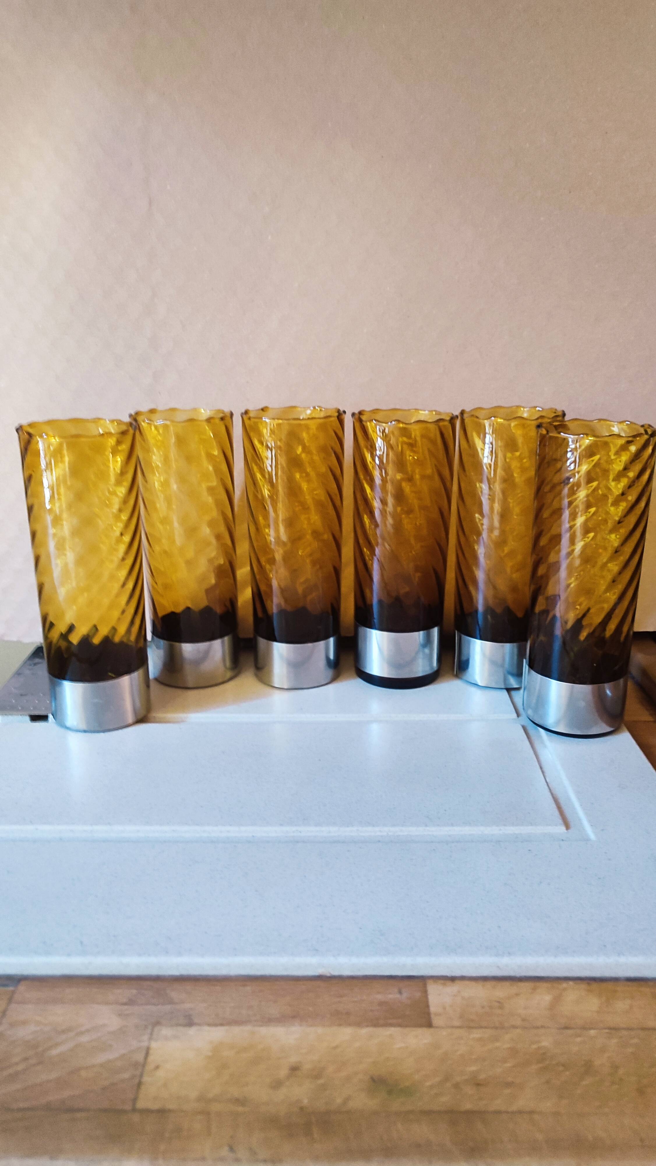 6 70's amber long drink glasses