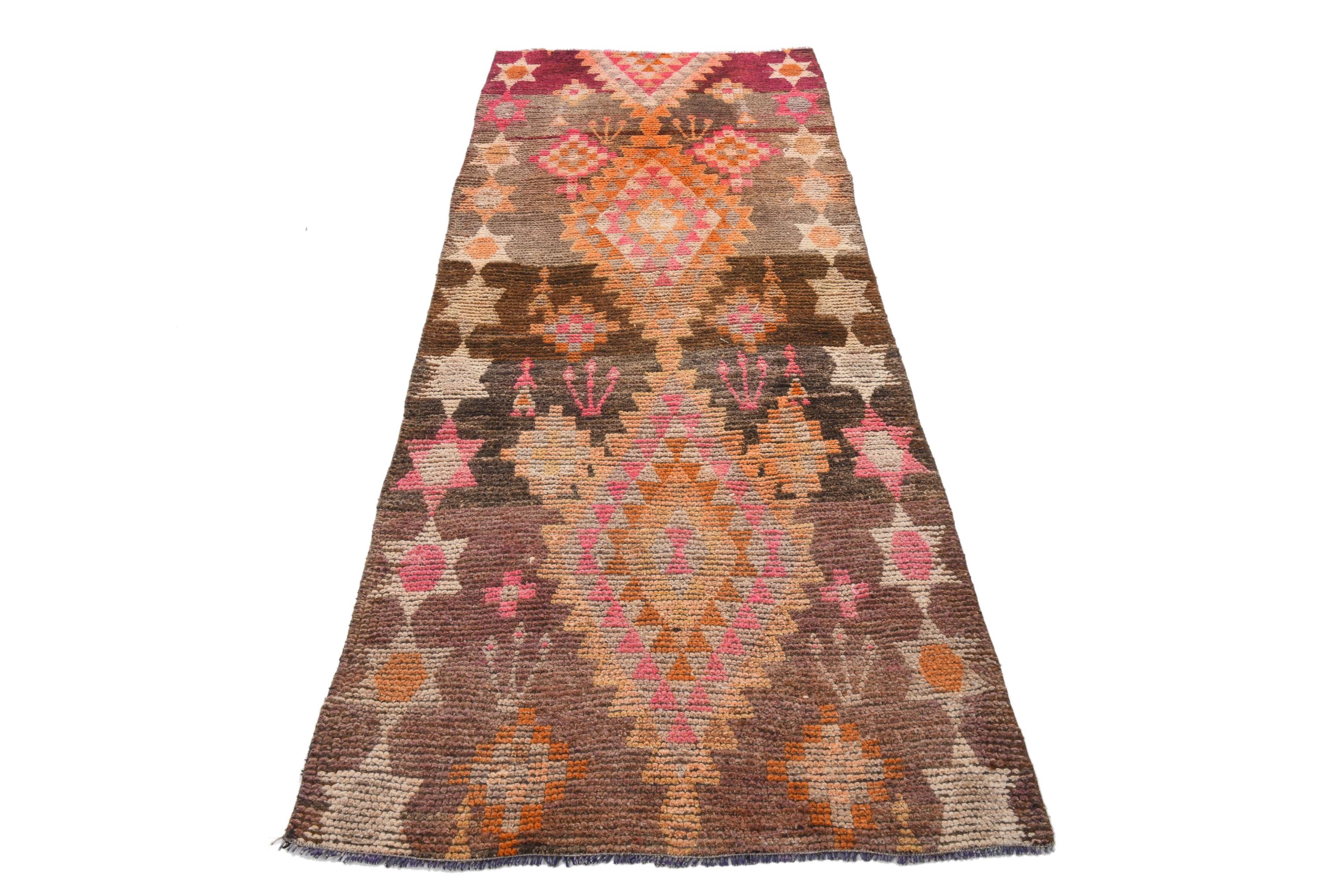 3x7 Brown Hot Pink Turkish Vintage Runner Rug, 92x227Cm
