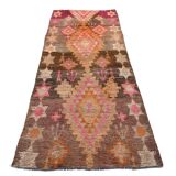3x7 Brown Hot Pink Turkish Vintage Runner Rug, 92x227Cm
