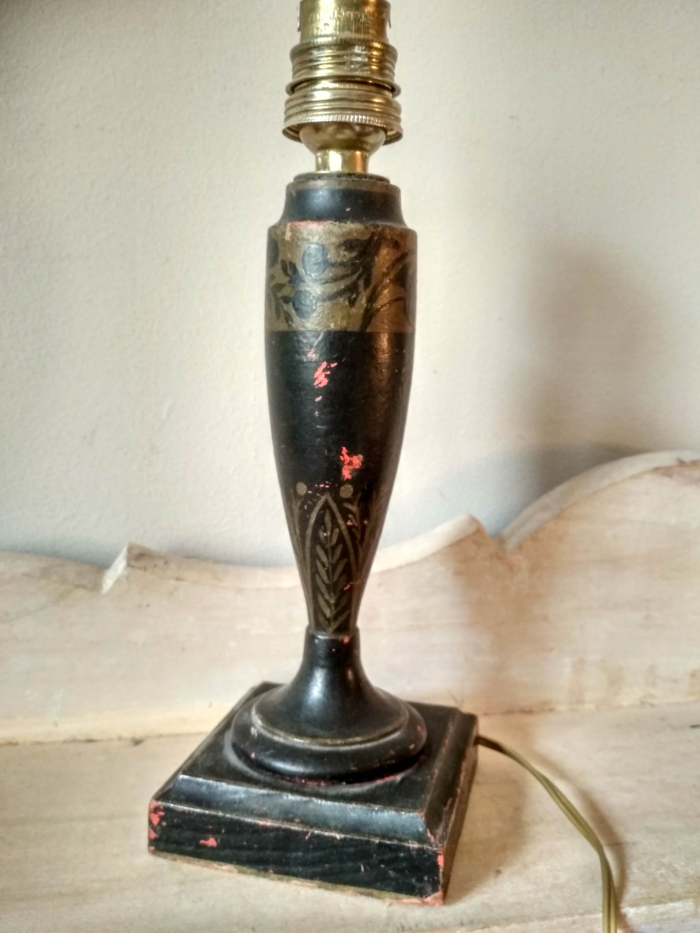 Turned wooden bedside lamp painted art deco style