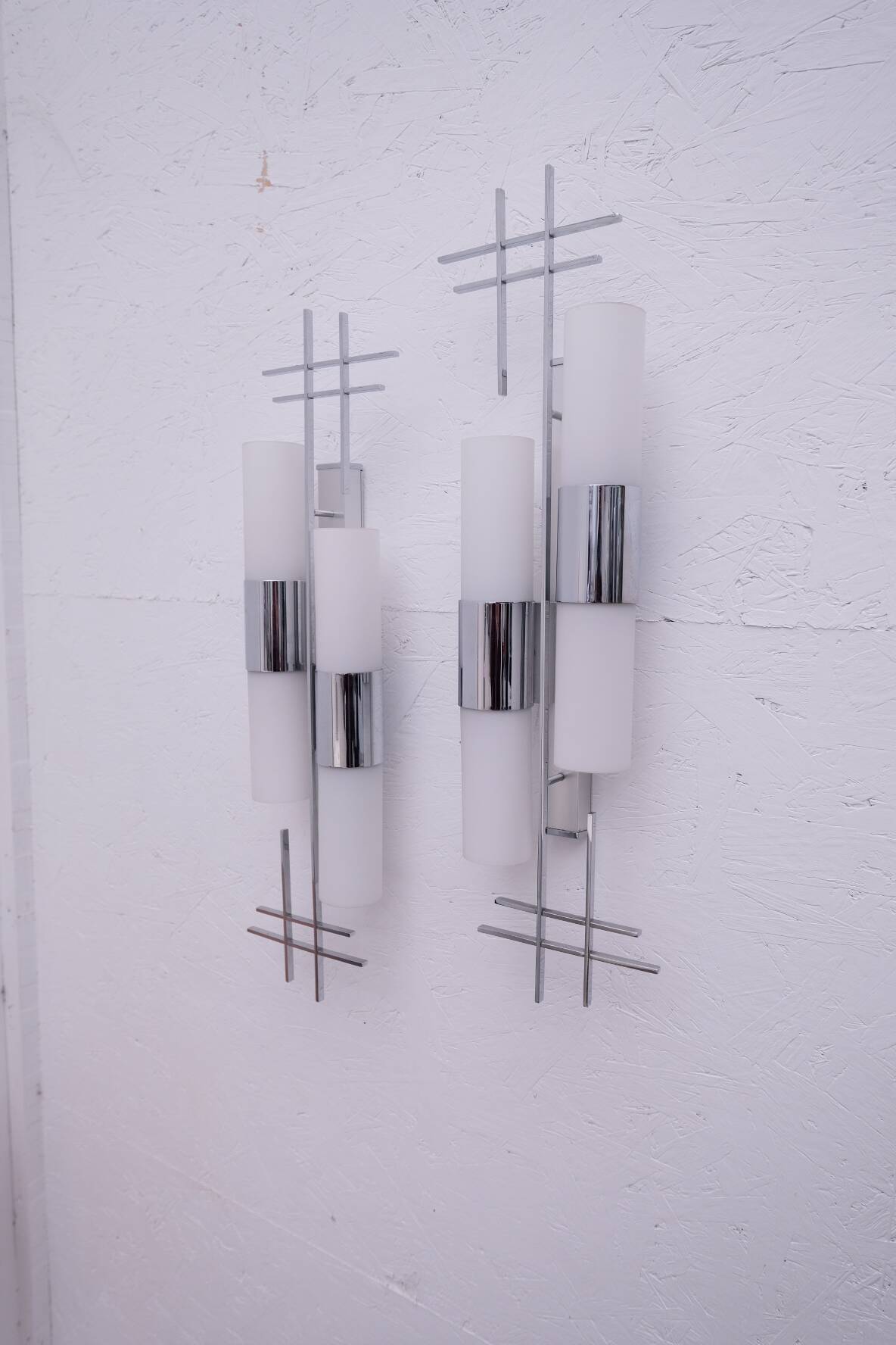 Pair of opaline and chrome wall lights, 1970