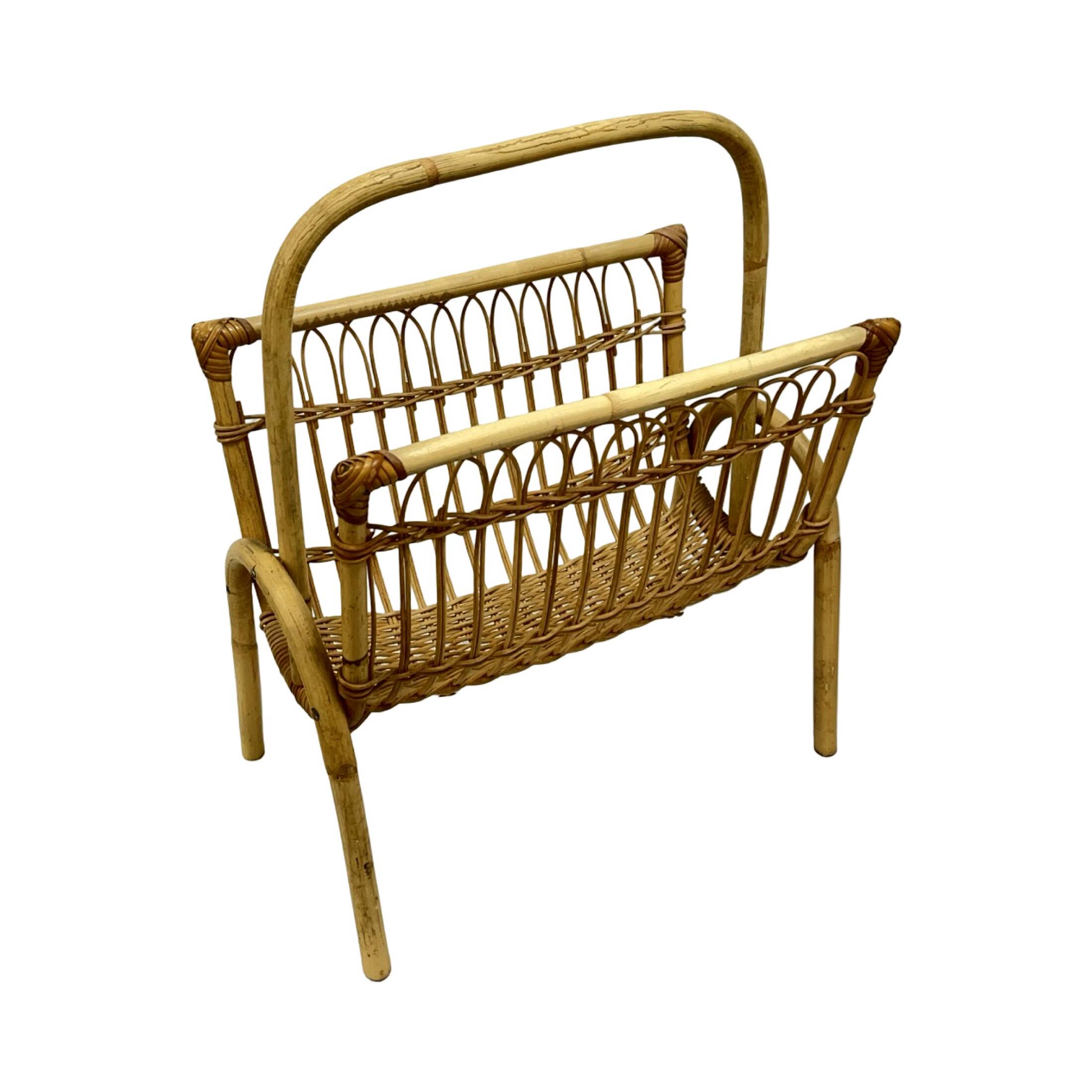 Vintage Wicker Newspaper Rack, Boho/PRL, Franco Albini Style, Italy 1970s