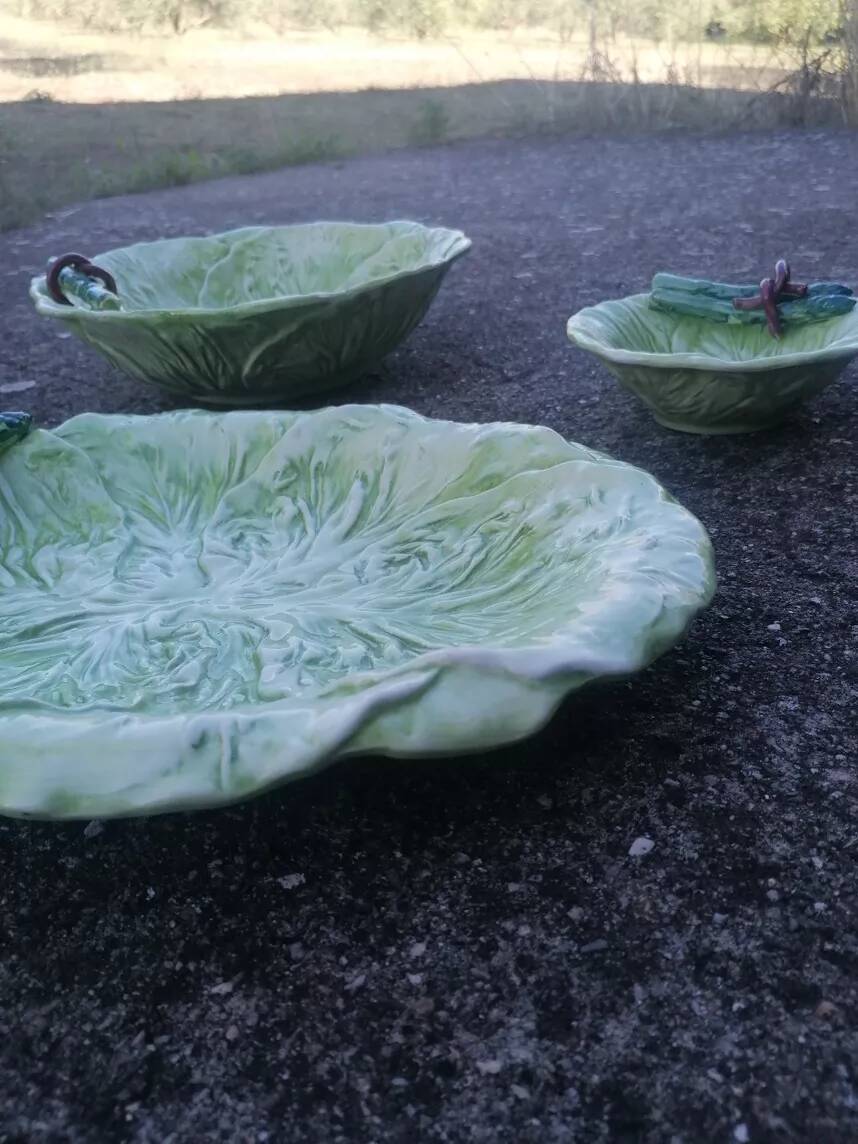 Set of 3 vintage asparagus and cabbage leaves slip dishes made in Italy