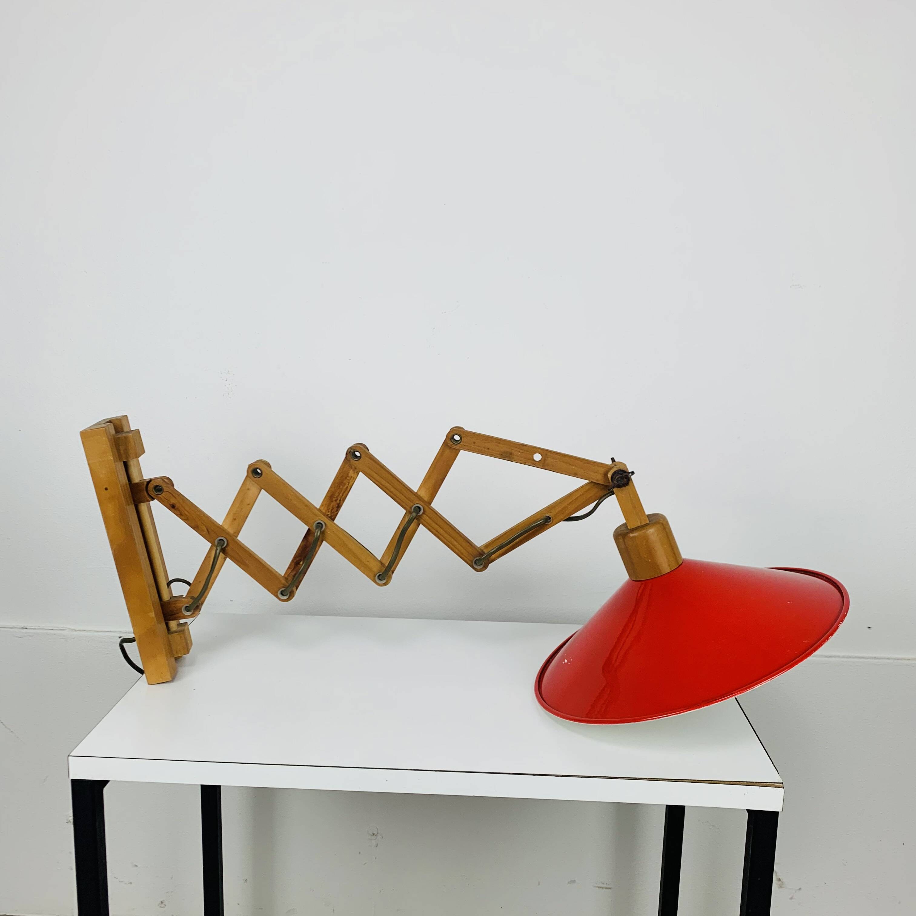 SCE 60s accordion wall light, wood and red reflector