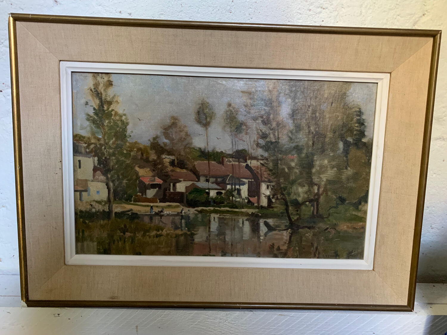 Oil on canvas landscape painting washerwomen, signed