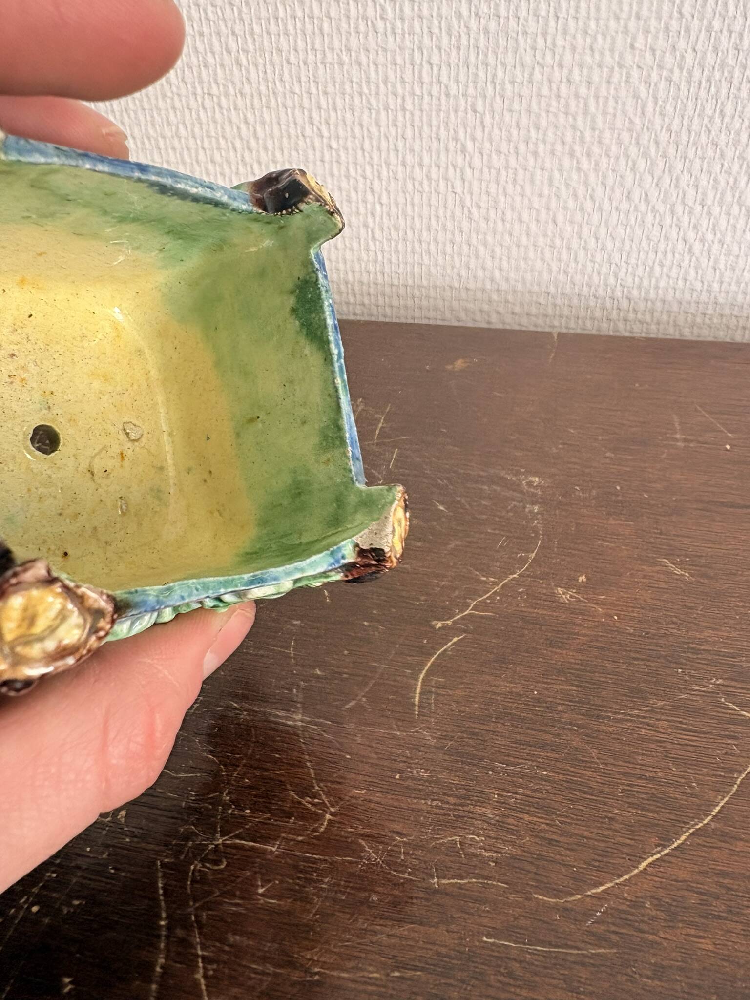 Antique Cache Pot Planter Barbotine Earthenware Enamelled Majolica