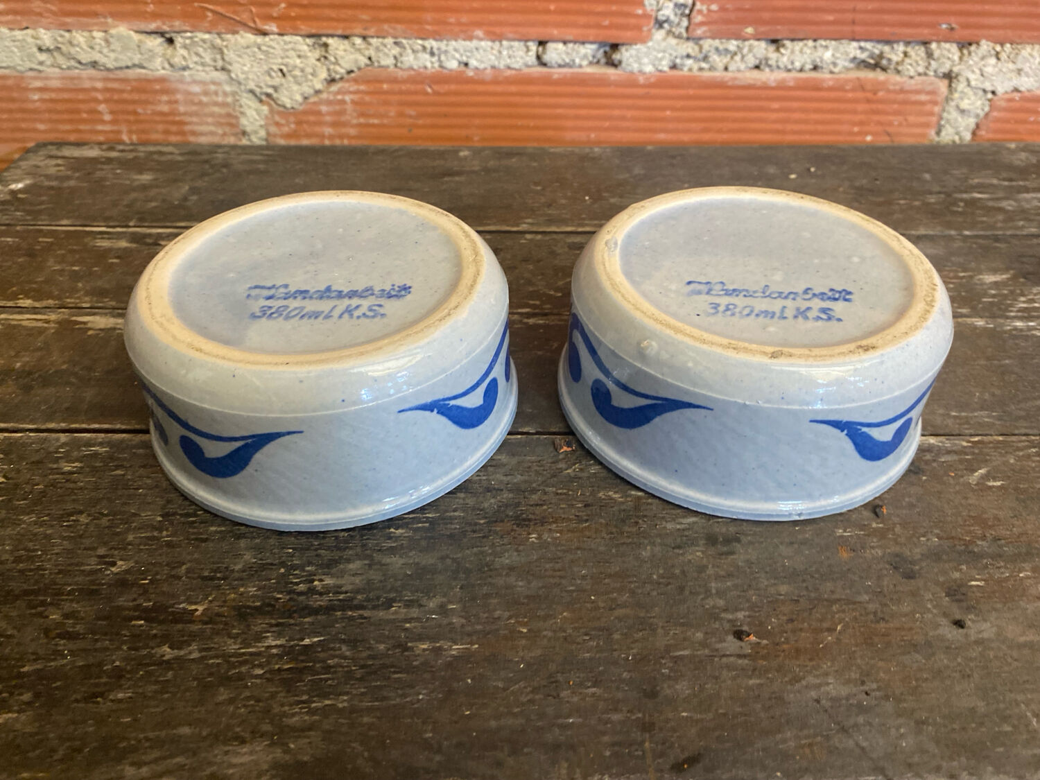 Pair of antique bowls handarbeit salt glaze blue decor vintage #d662