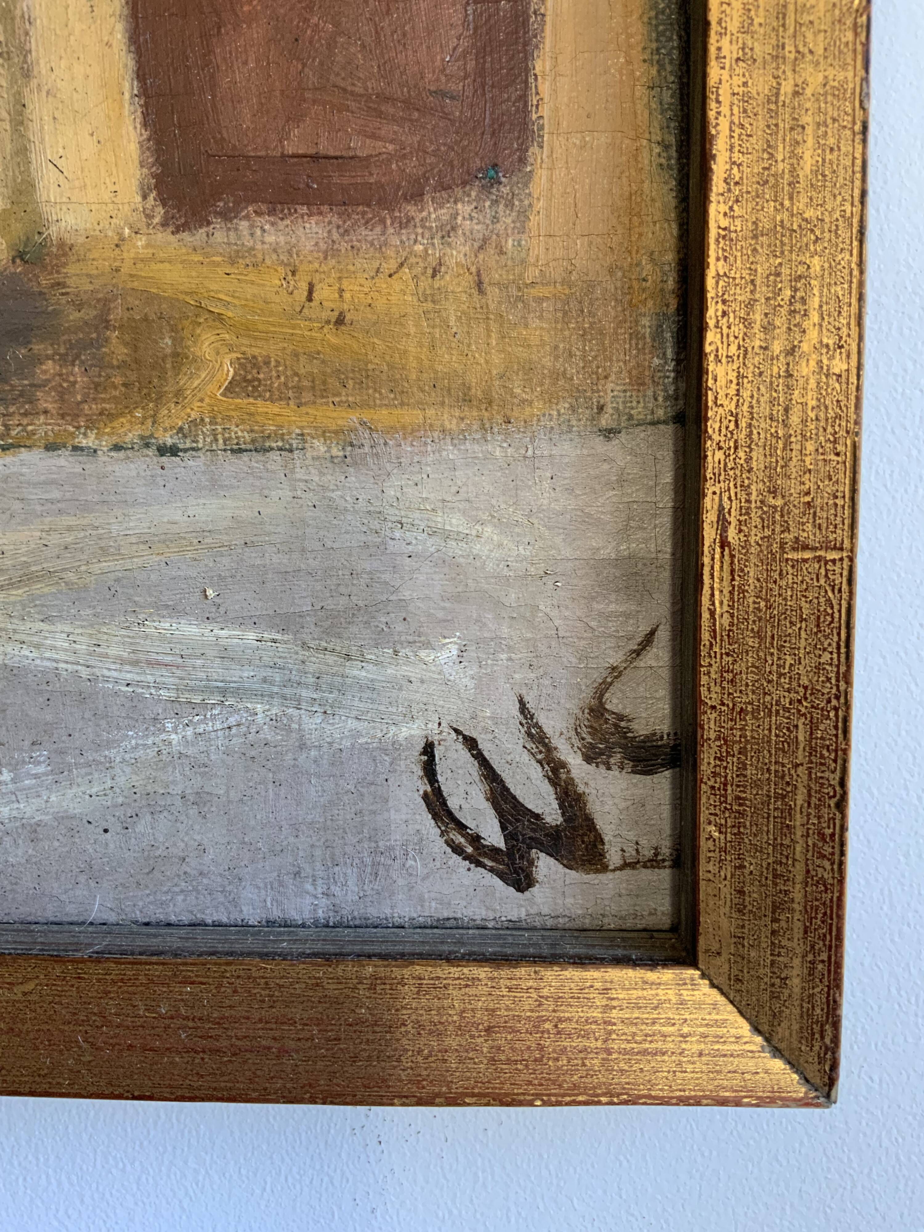 Vintage Oil On Canvas Interior with Woman Signed By Artist W.S., circa 1950s