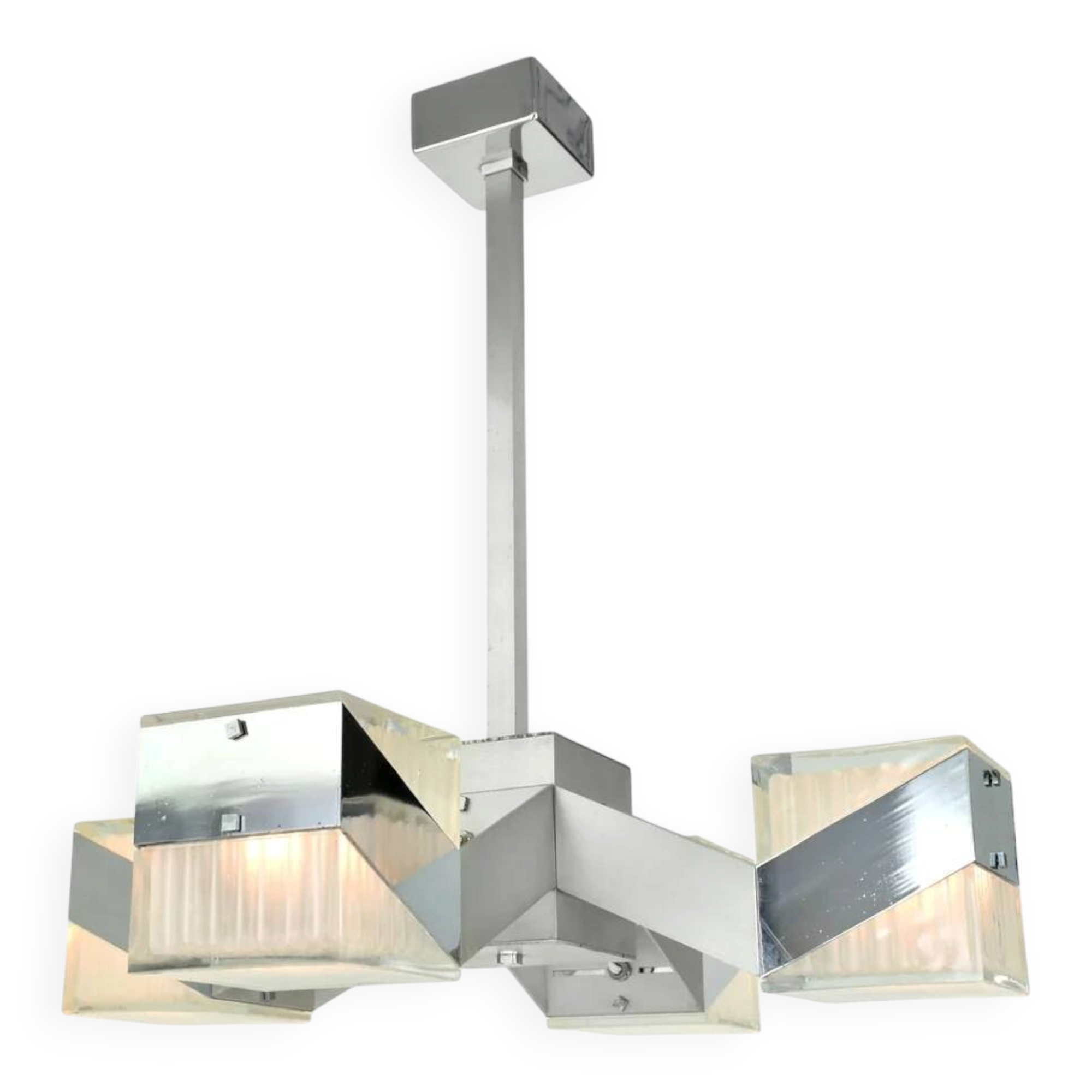 1970s Cubist Chandelier Chrome Glass Mid Century Modern