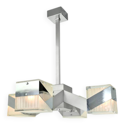 Chandelier cubiste des années 1970 en chrome et verre, style moderne du milieu du siècle.