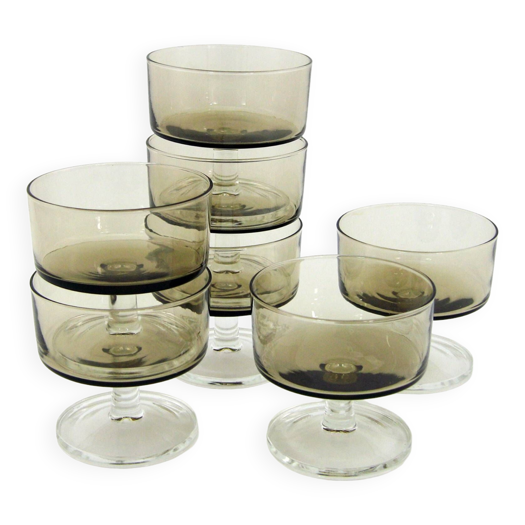 7 champagne glasses in smoked brown glass - Cavalier Sweden Luminarc Arcoroc France - vintage 70s