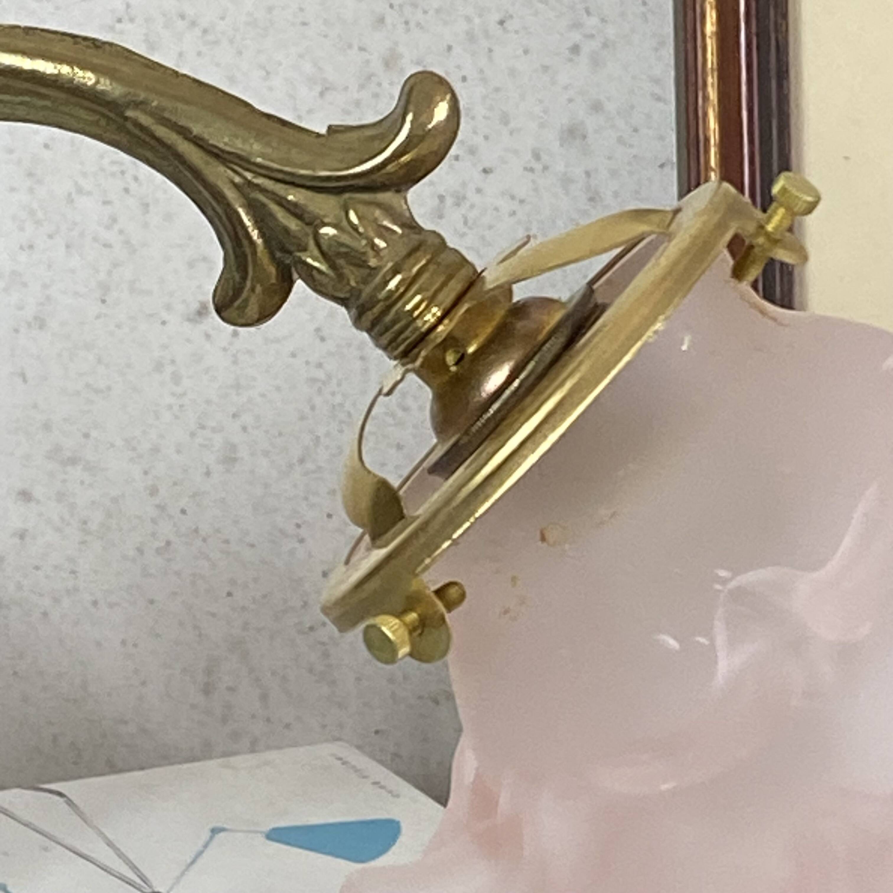 Swan neck wall light in brass with rose petal glass shade.