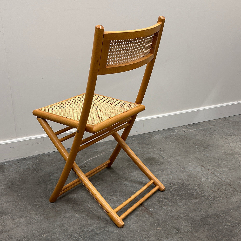 Rare set of four Belgian folding chairs in solid wood and hand-woven cane, mid-century