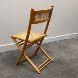 Rare set of four Belgian folding chairs in solid wood and hand-woven cane, mid-century