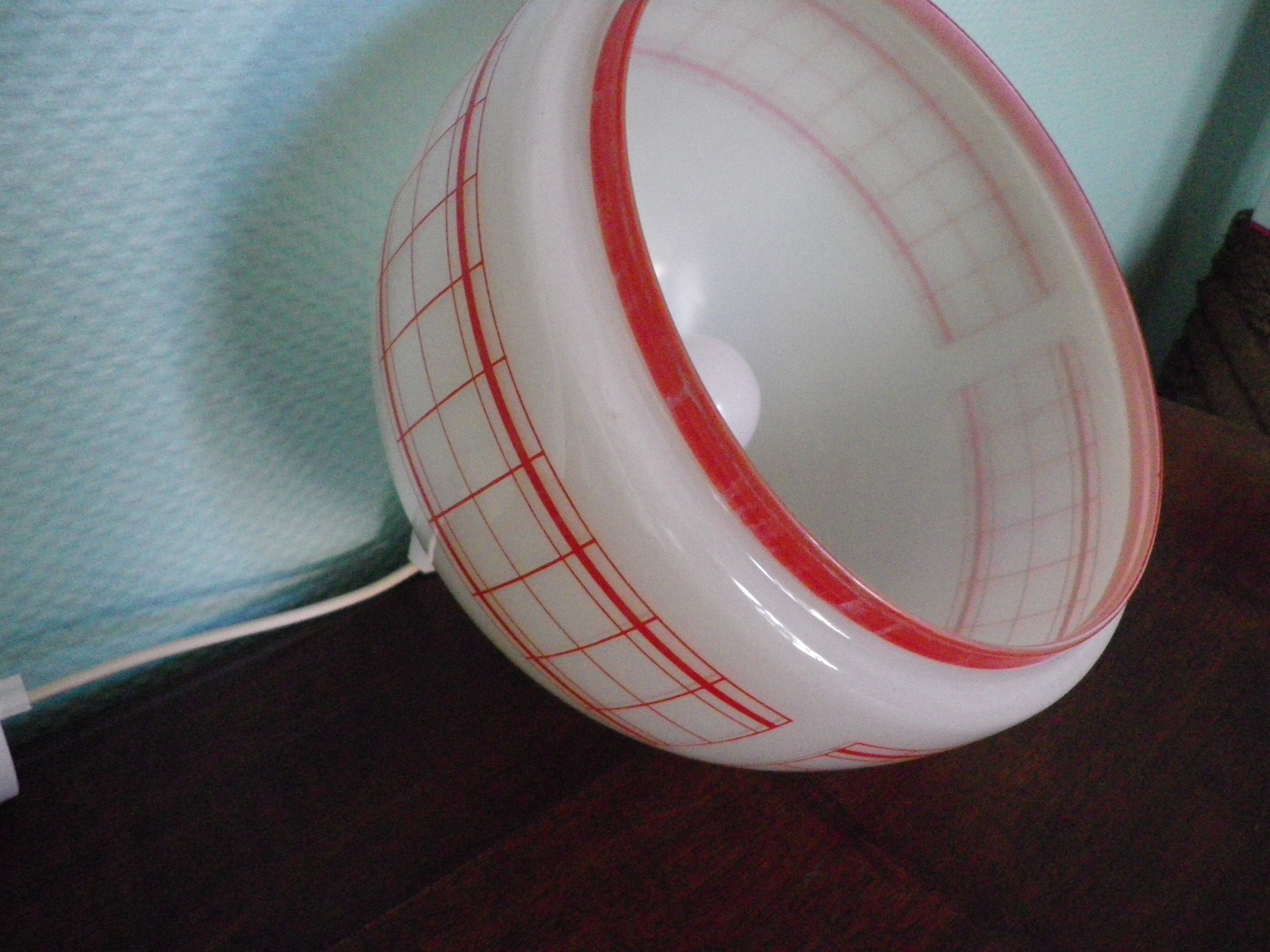 Space age pendant lamp, white opaline with orange silkscreened geometric designs