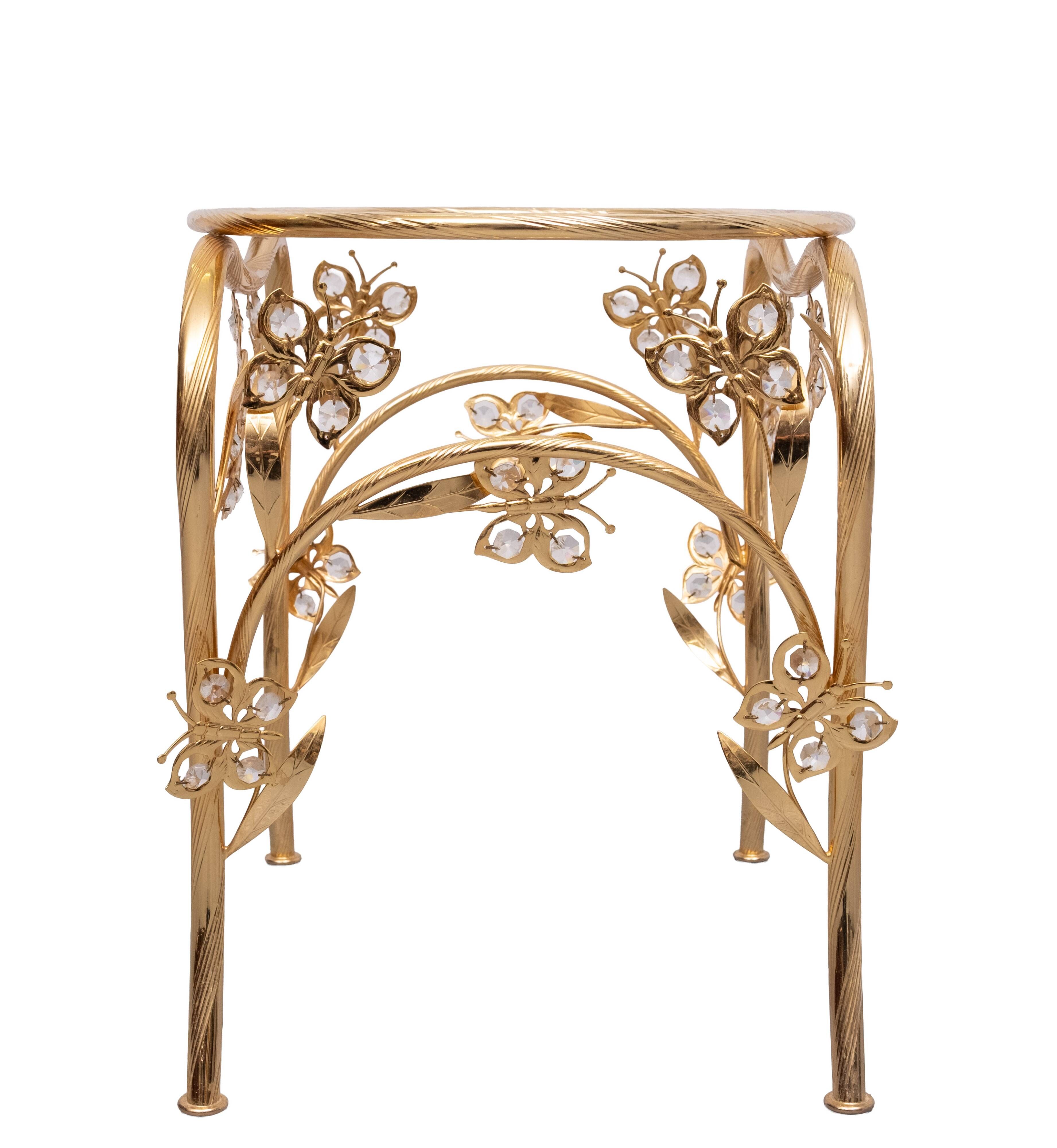 Butterfly brass and Crystal Oval shaped side Table Hollywood Regency 1980s