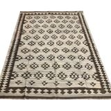 Geometric Subtle Wool Kilim Rug, Handwoven Cream & Brown Floor Covering