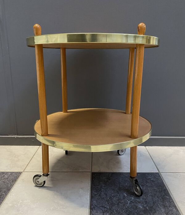 Chariot de service rond en bois, table d'appoint, années 1960