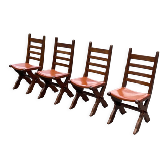 Ensemble vintage de quatre chaises de salle à manger brutalistes chêne