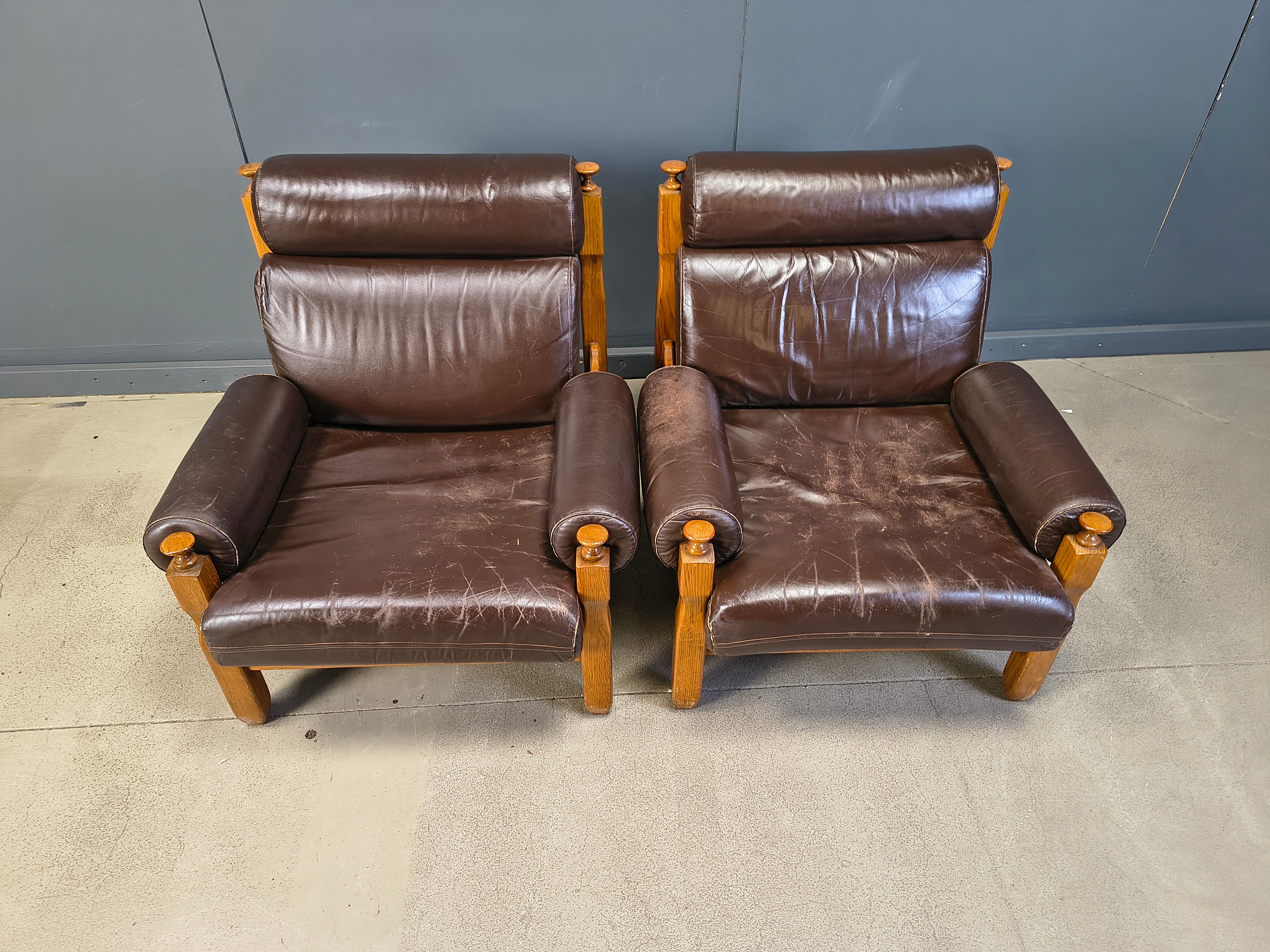 Vintage rustic brown leather and oak armchairs, 1960s - set of 2