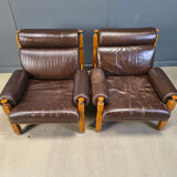 Vintage rustic brown leather and oak armchairs, 1960s - set of 2