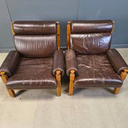 Vintage rustic brown leather and oak armchairs, 1960s - set of 2