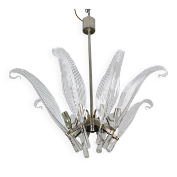 Extraordinary Large Transparent Murano Glass Leaves Chandelier by Franco Lu