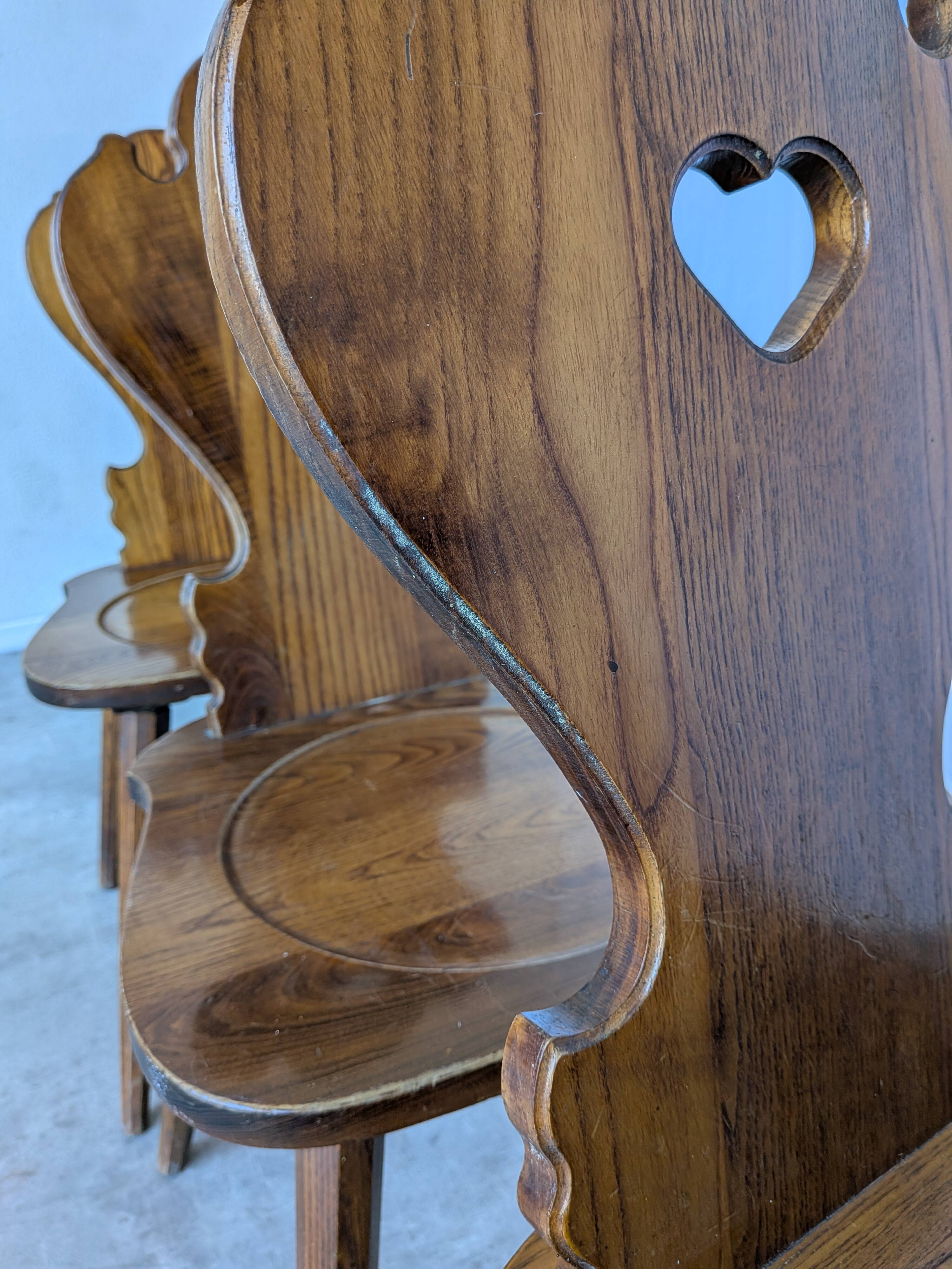 Set of 4 Farmhouse Tyrolean Chair with Heart Cutout Back / 1970s Vintage Di