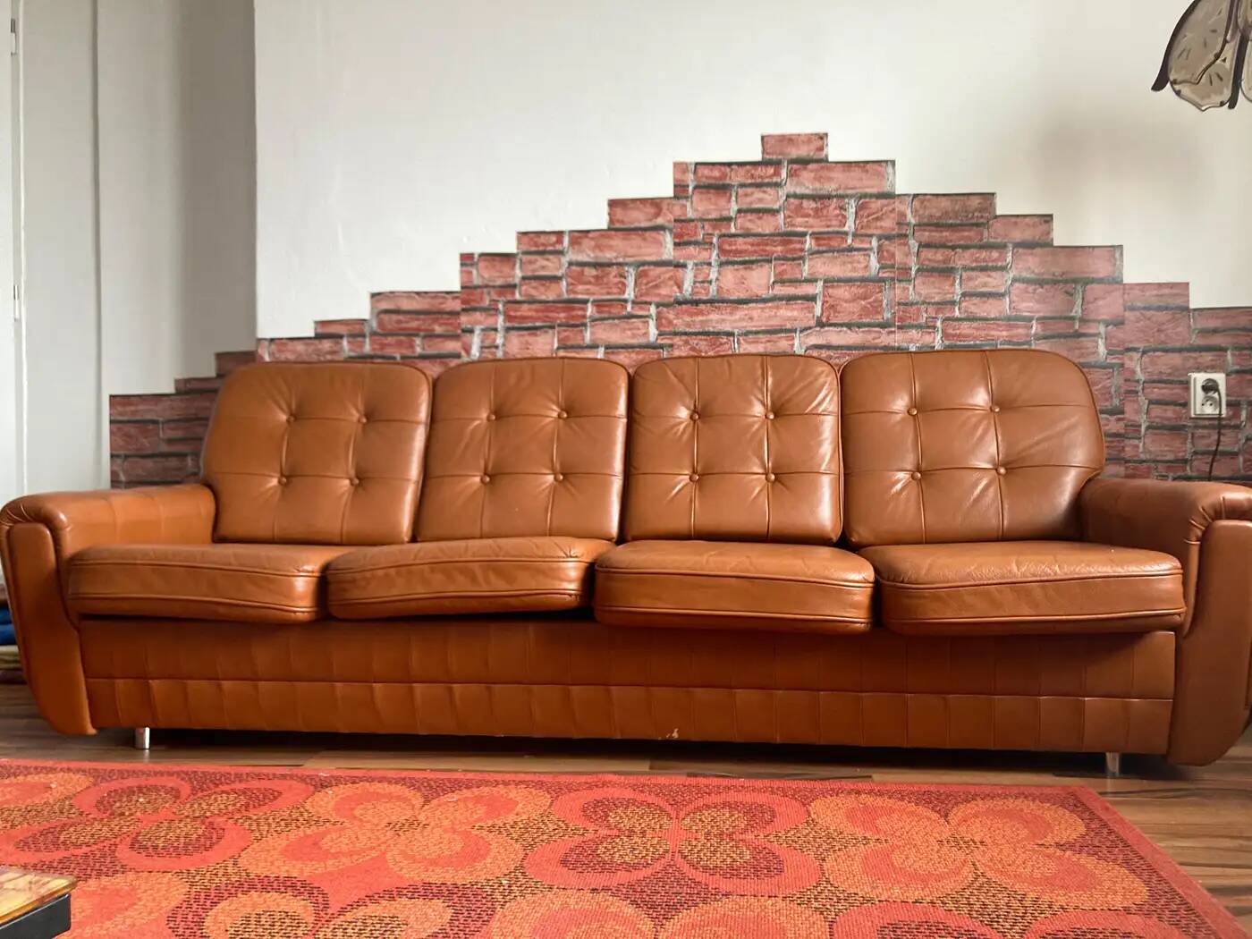 Canapé 4 places en cuir marron, Tchécoslovaquie années 1970