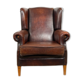 Fauteuil à oreilles en cuir de mouton vintage brun foncé