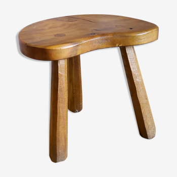 Brutalist tripod stool in solid wood, 80s