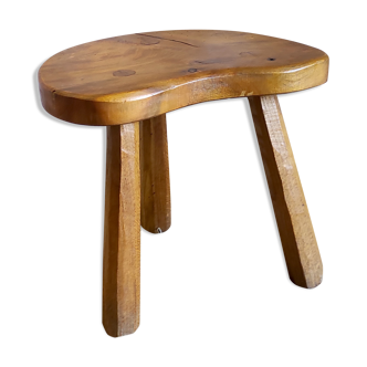 Tabouret tripode brutaliste en bois massif, années 80