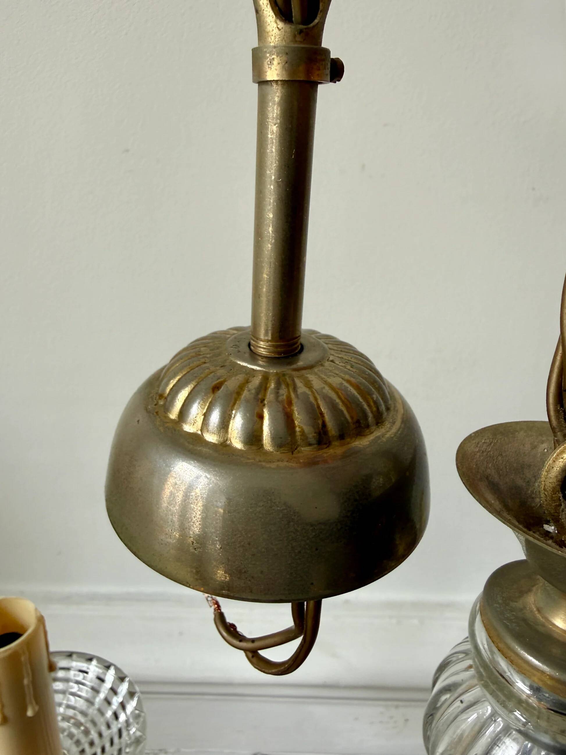 Vintage brass and glass three-branch chandelier
