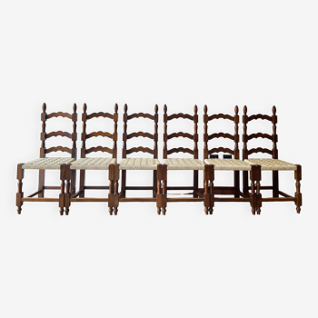 6 chaises italiennes rustiques, restaurées, années 1950