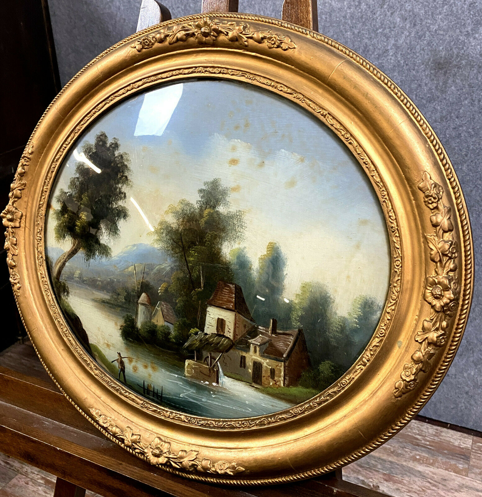 fixed under glass has oval view louis era Philip around 1830 animated lakescape