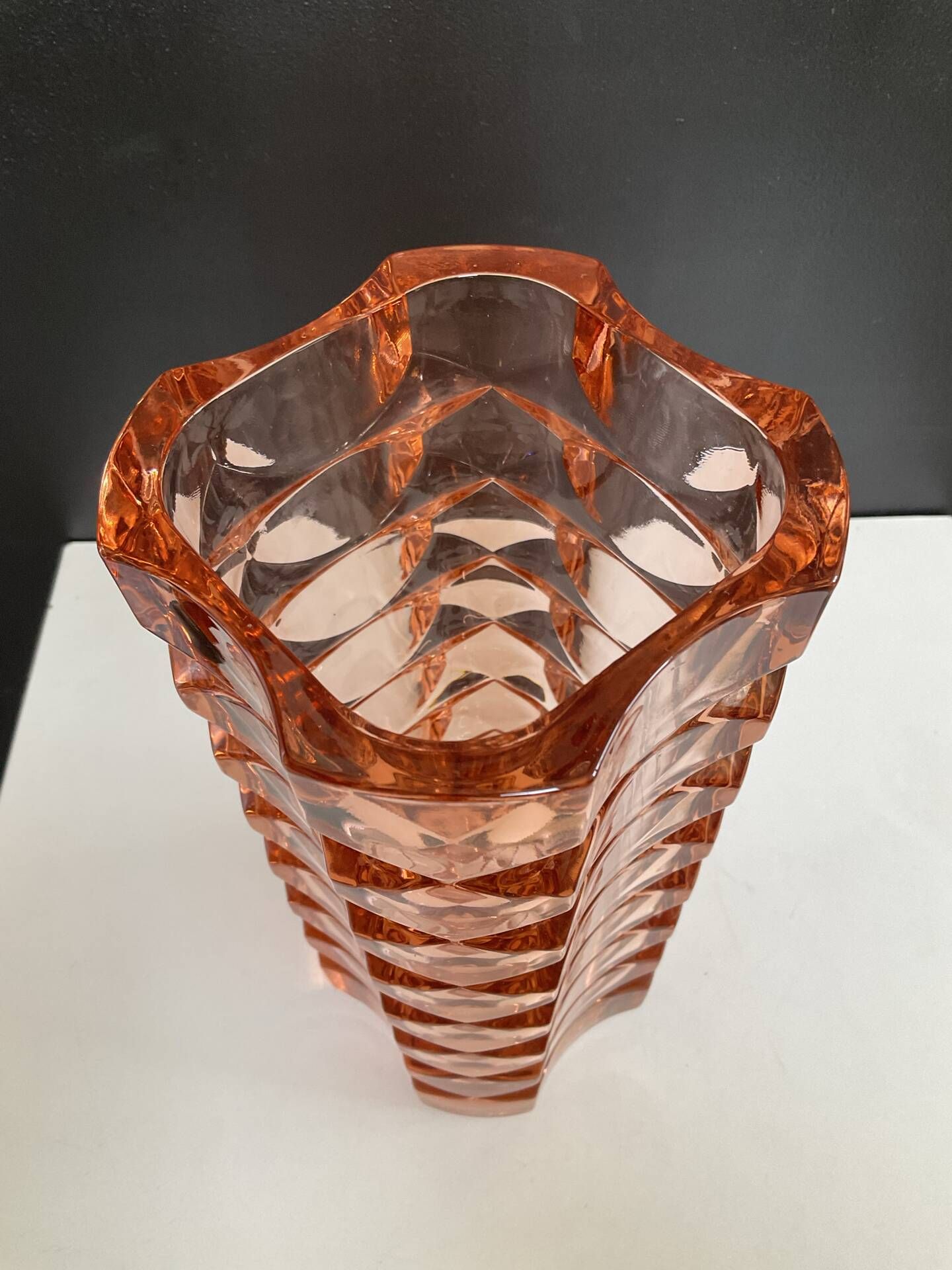 Large Art Deco vase in moulded pink Rosaline glass