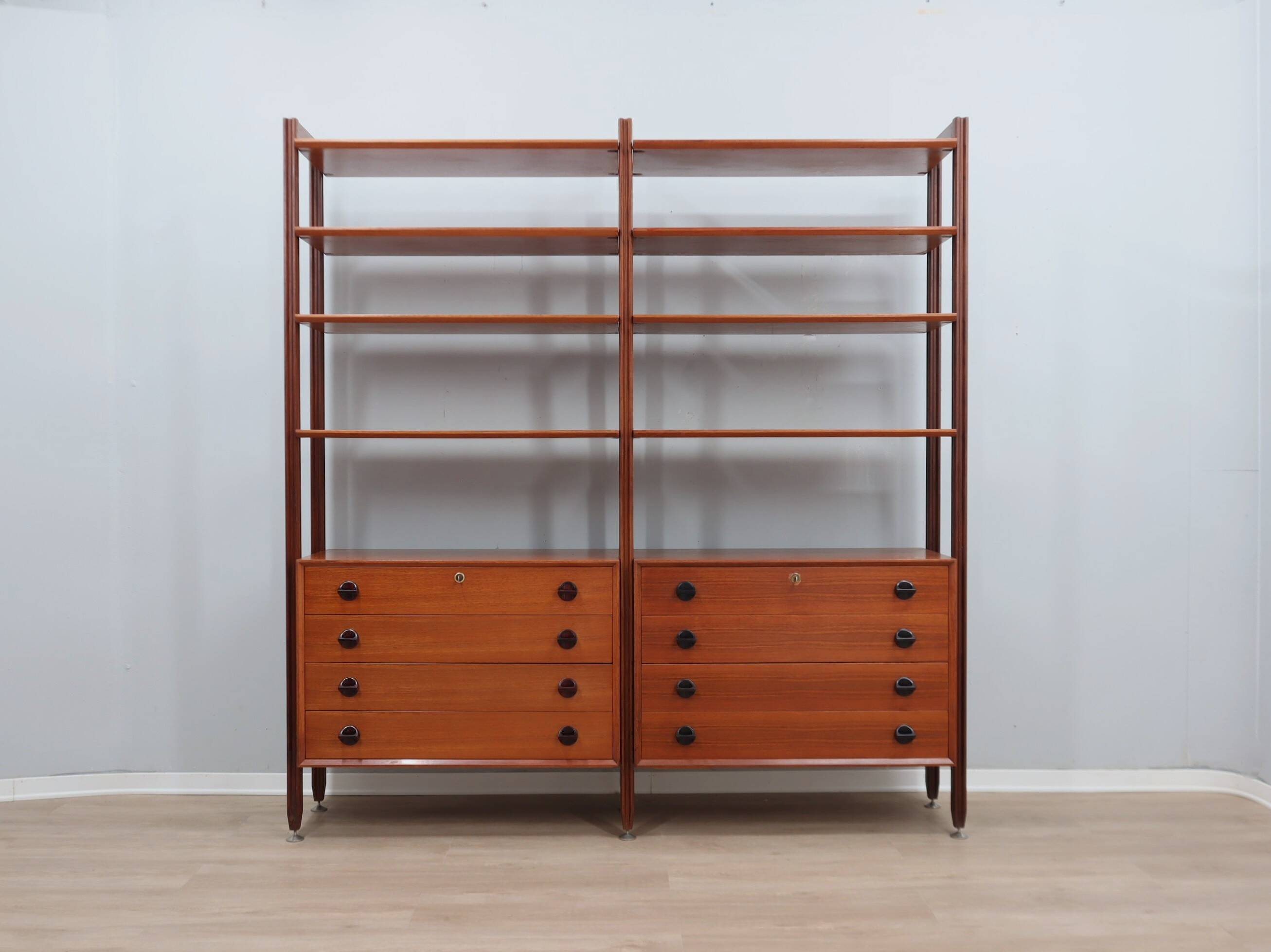 Mid-century modular teak bookcase with drawers and shelves Italy 1960s