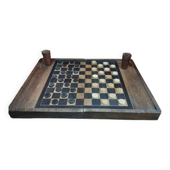 Ancien coffret de jeu de backgammon et de dames en bois