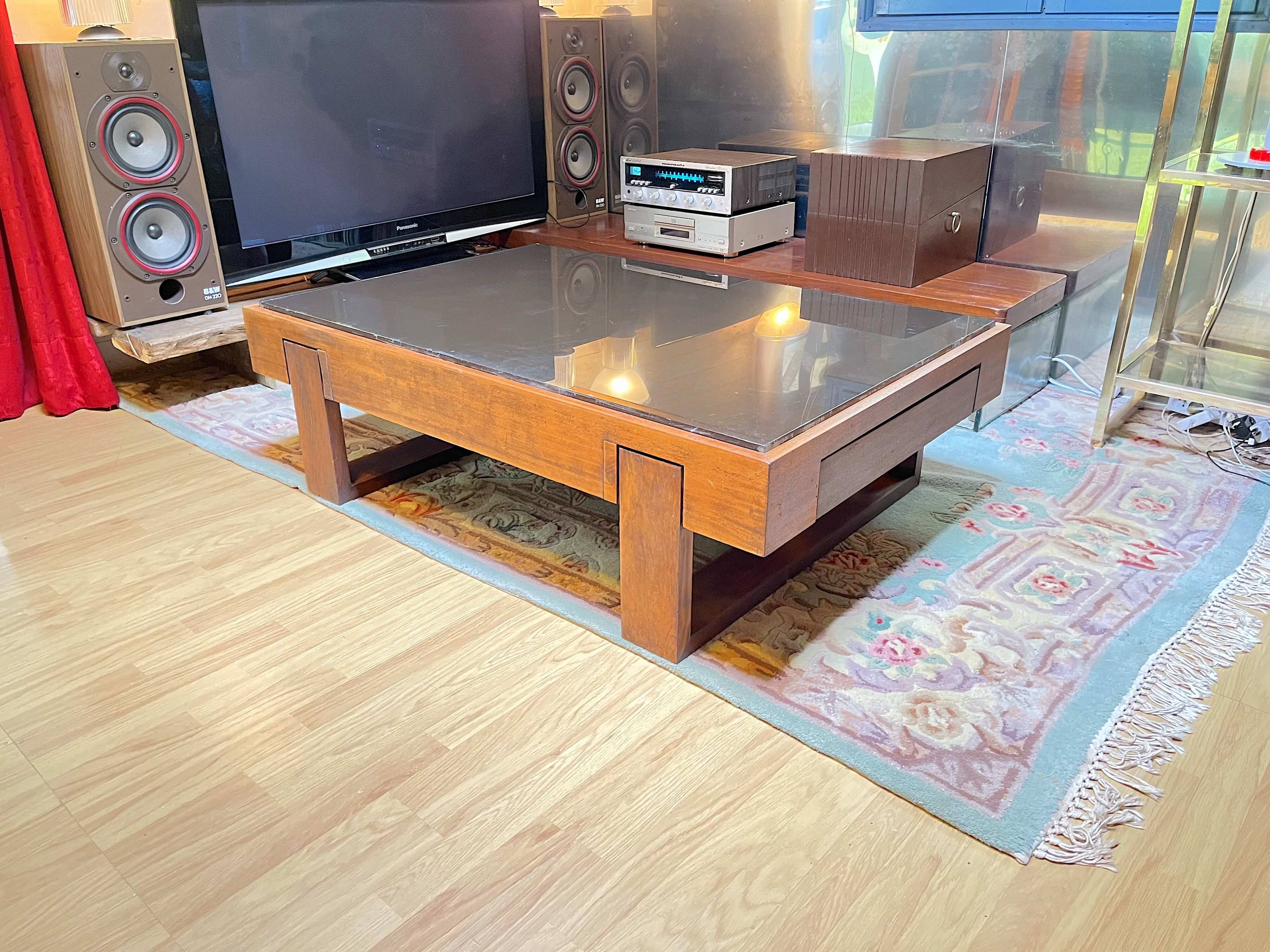 Rosewood coffee table, with black glass top, Brazil 1970