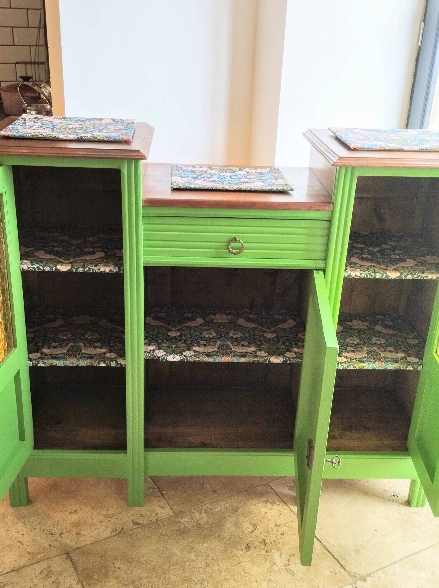 Art Deco Gin Buffet, painted in Farrow and Ball with a William Morris-inspired interior