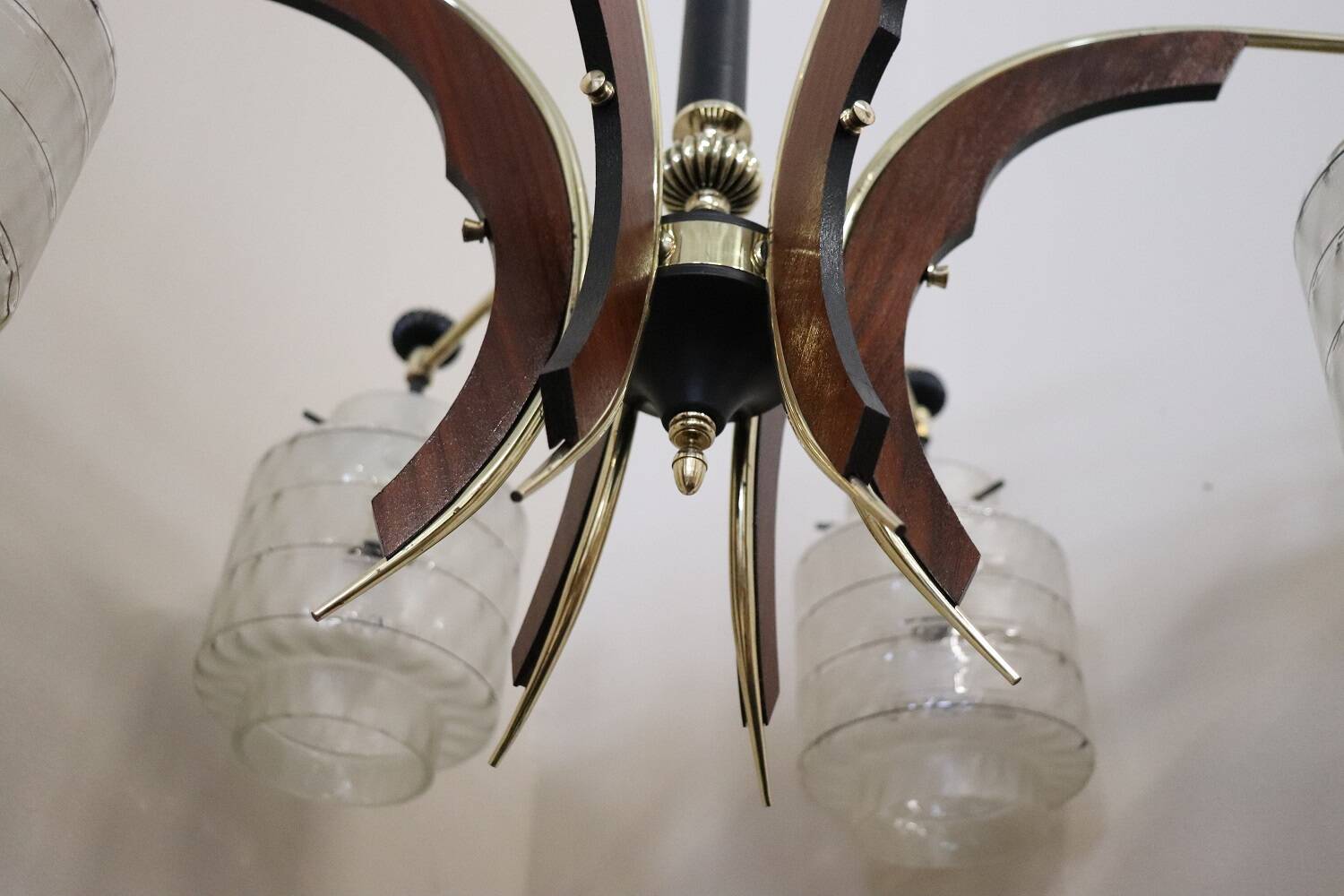 Glass, wood, brass and black lacquered metal chandelier, Italy, 1950