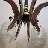 Glass, wood, brass and black lacquered metal chandelier, Italy, 1950