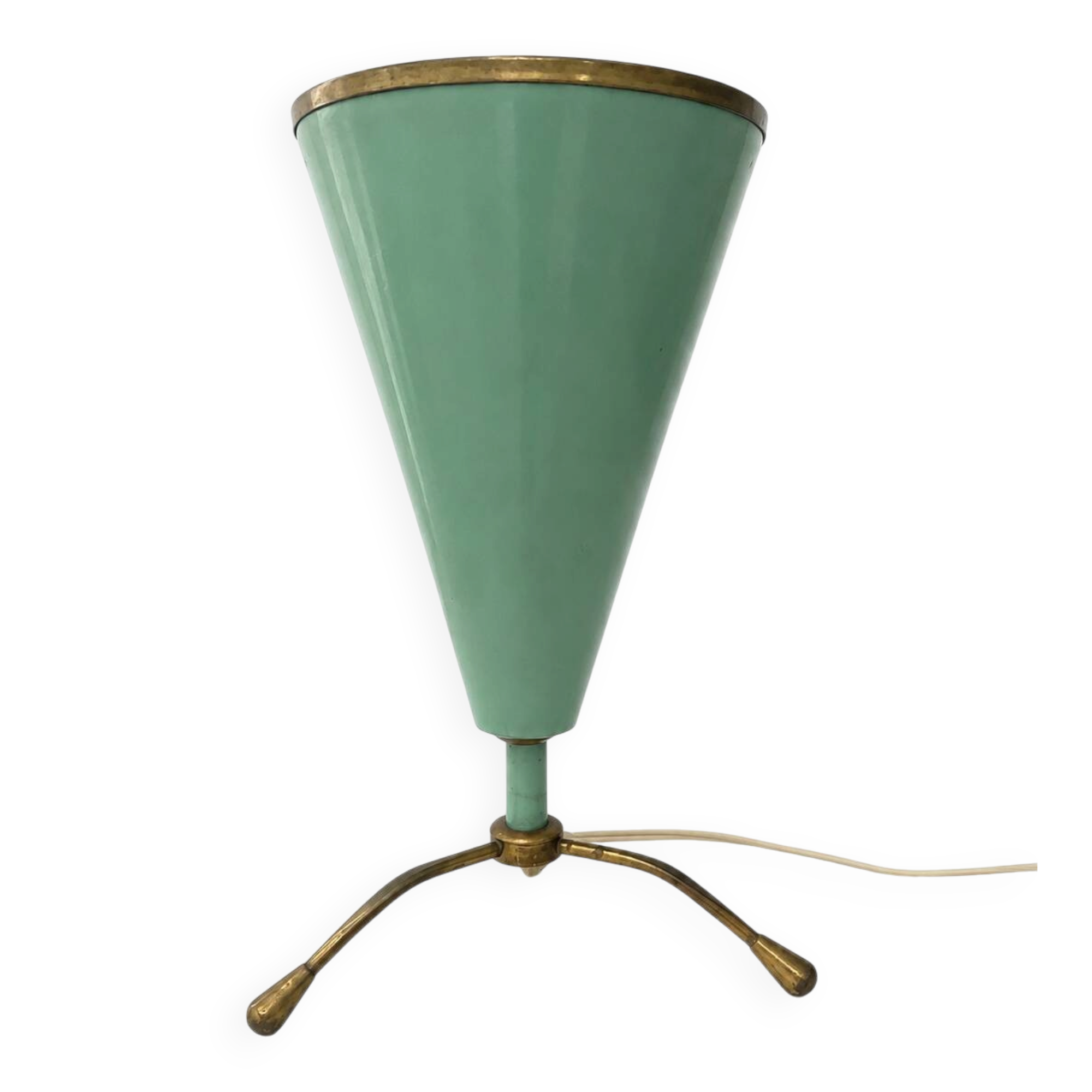 Small Conical Tripod Lamp in Sage Green and Brass Stilnovo Style 1950