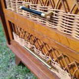 Tall chest of drawers in wood and rattan with splayed legs