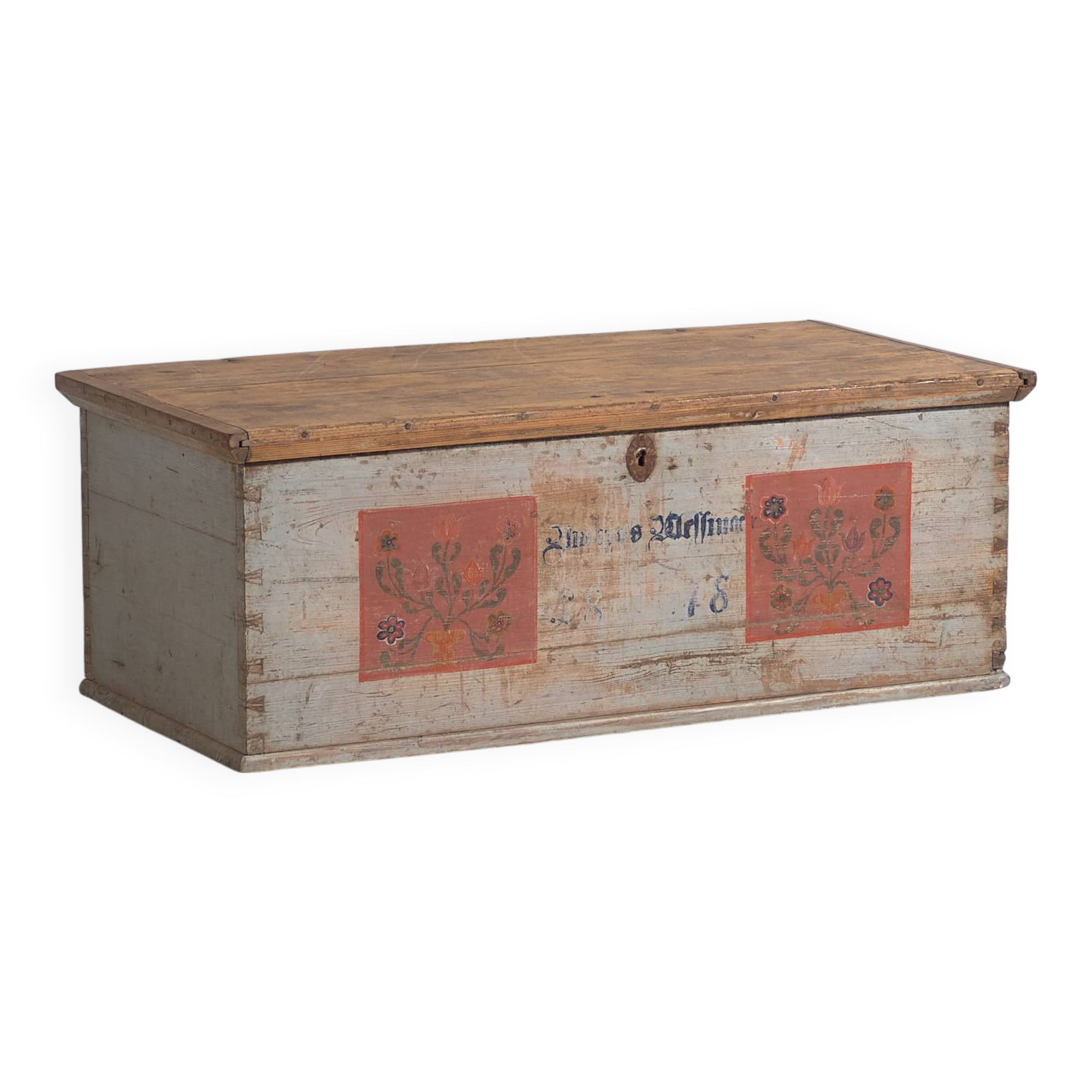 Antique grey trunk with floral details dated 1878 #26